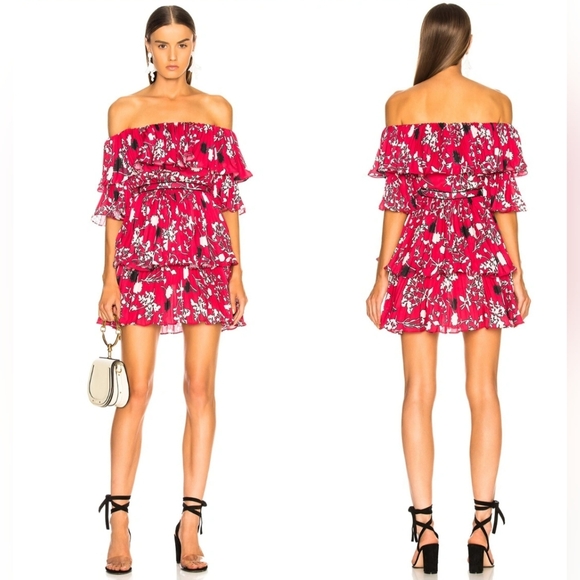 Self-Portrait Off Shoulder Pleated Floral Mini Dress Size 4 - Picture 1 of 13